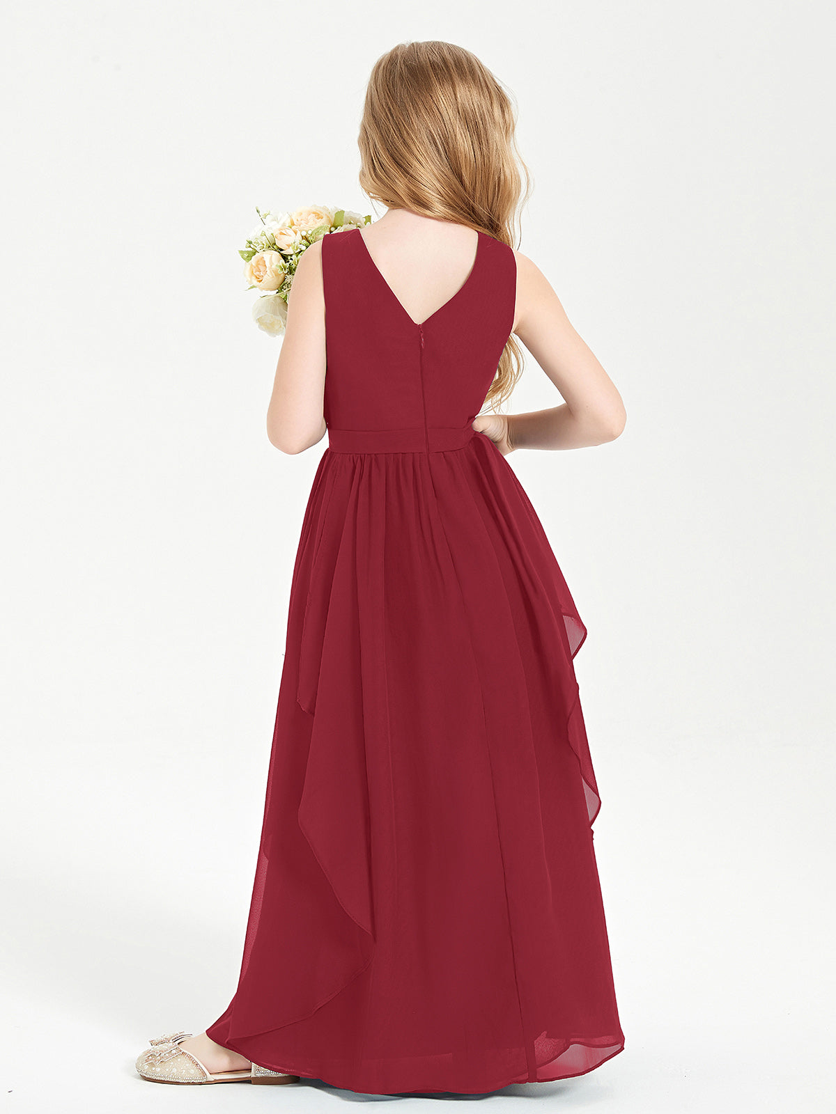 Boho Sleeveless Junior Chiffon Bridesmaids Gown Burgundy